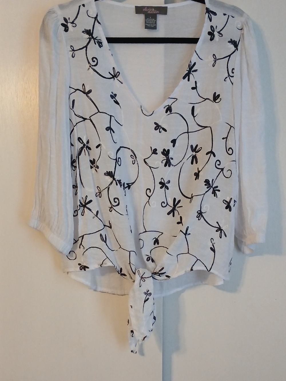Olivia & Martin "Black and White" Embroidered Tie Blouse in Size L